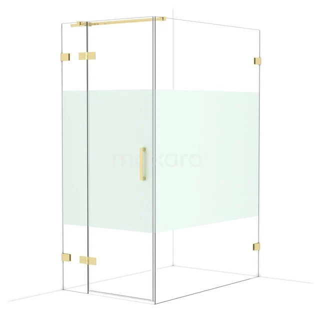 Diamond Shower cabin | 140x90 cm Shiny light gold Clear with matt strip Pivot door Rectangle CDB213614323GLG Glass shower wall with frosted section, gold-coloured hinges and handle, elegant design for modern bathrooms.