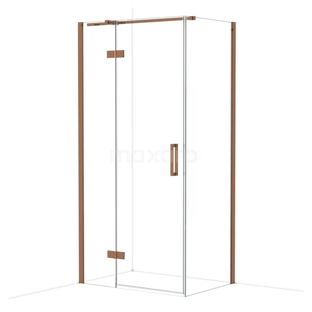 Shower cabin with a rectangular shape, clear glass and copper-coloured details, ideal for a stylish bathroom.