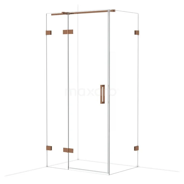 Glass shower cabin with copper-coloured details, corner model, modern design, perfect for luxury bathroom decor.