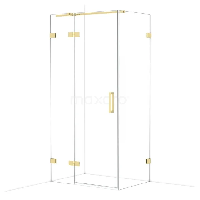 Duschtür aus Glas mit goldenen Scharnieren und Haltegriff, modernes Design, ideal für luxuriöse Badezimmerinterieurs.