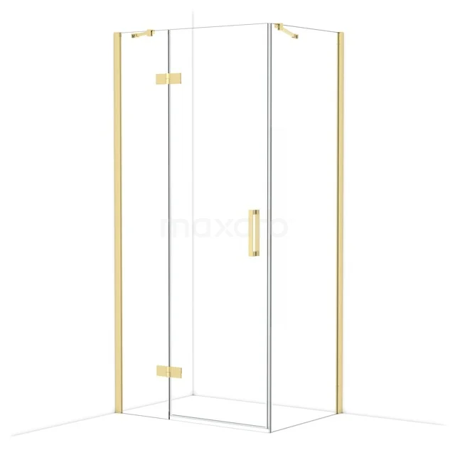 Goldene Eck-Duschkabine mit Glaswänden und Drehtür, ideal für moderne Badezimmergestaltung.