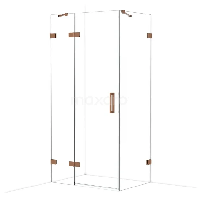 Glass shower cabin with rose gold hinges and door, modern design for luxury bathrooms.
