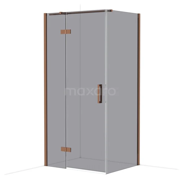 Glass shower cabin with corner entry, copper-coloured profiles and hinged doors, ideal for a modern bathroom style.