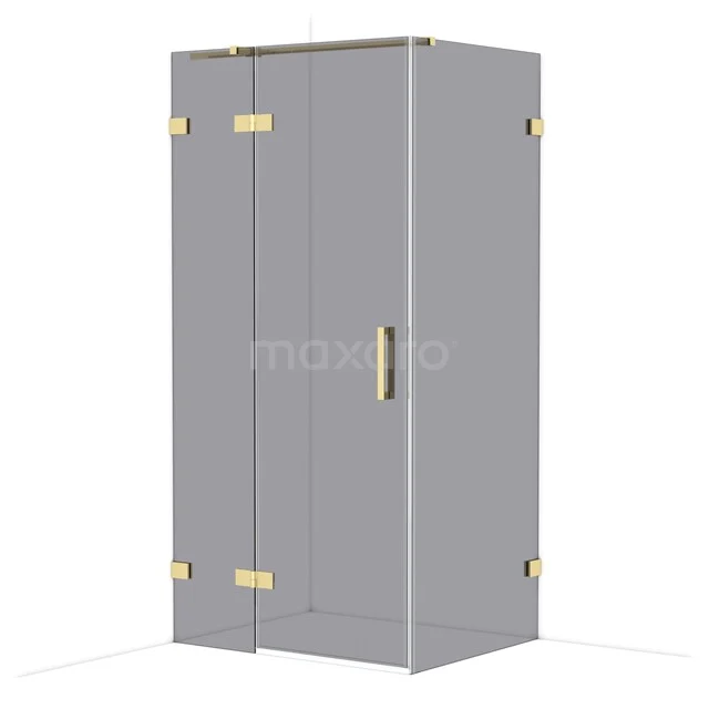 Grijze vierkante douchecabine met gouden accenten, geschikt voor moderne badkamers.