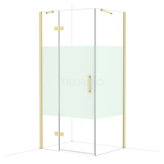 Duschkabine goldfarbiges Rahmen, Eckmodell mit Glaswänden, geeignet für moderne Bäder.