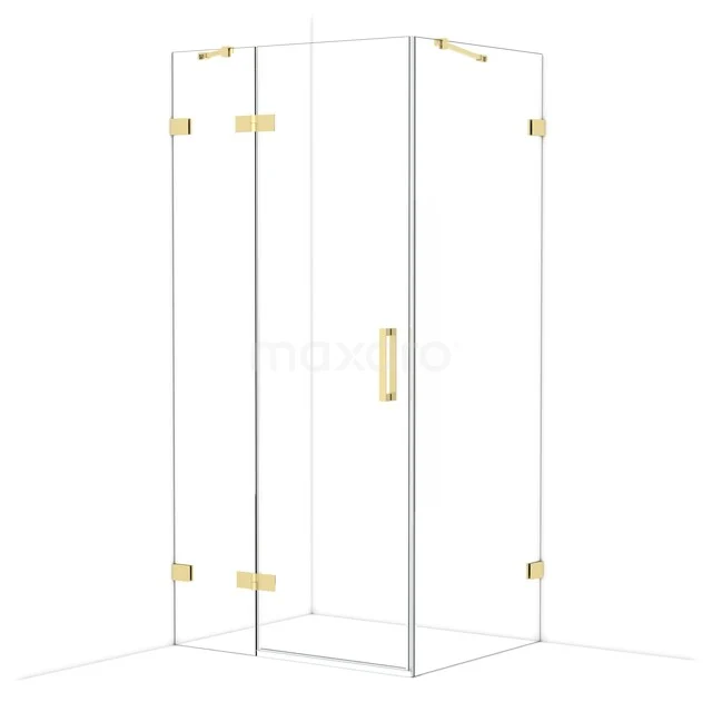 Duschkabine mit Glaswänden, goldfarbenen Akzenten und Eckdesign, ideal für eine stilvolle Badezimmer Einrichtung.