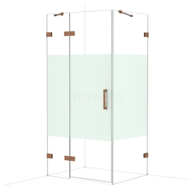 Diamond Shower cabin | 100x80 cm Shiny copper Clear with matt strip Pivot door Rectangle CDB214608423GKP Glass shower cabin with corner entry, brass hinges and frosted glass detail for stylish bathroom decor.
