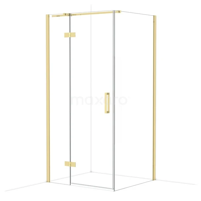 Douchecabine goudkleurig met glazen wanden, minimalistisch design en premium afwerking, perfect voor een luxe badkamer.