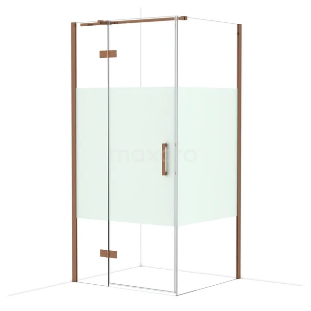 Glass shower cabin with copper-coloured profiles, angular design and sliding door, ideal for a modern bathroom.