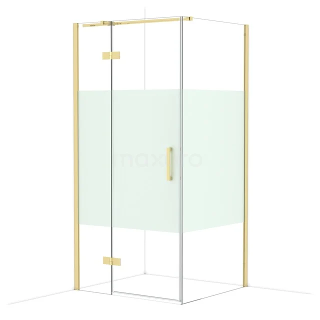 Glazen douchecabine met goudkleurige accenten, matglas detail en strak design; ideaal voor een moderne badkamer.