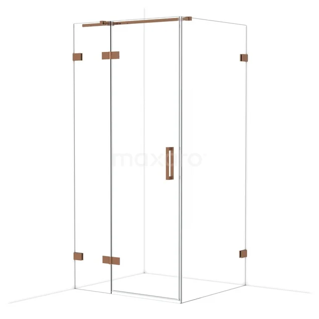 Douchecabine vierkant, glas met roségouden accenten. Modern design voor een stijlvolle badkameromgeving.