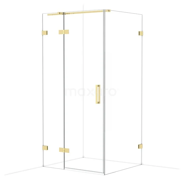 Glazen douchecabine met goudkleurige accenten, luxe design voor moderne badkamers.