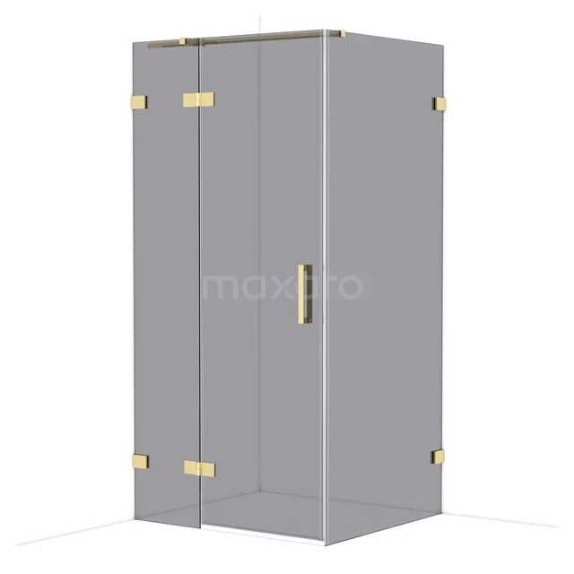 Grey corner shower cabin with glass walls, brass hinges and handle, perfect for a stylish bathroom.