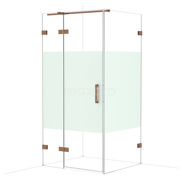 Vierkante glazen douchecabine met mat witte strook en roestkleurige accenten, ideaal voor een moderne badkamerstijl.