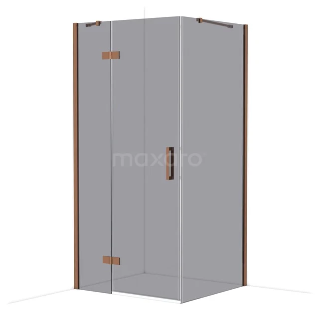 Glazen douchecabine met hoekinstap, bronskleurige accenten, modern design voor een luxe badkamer.