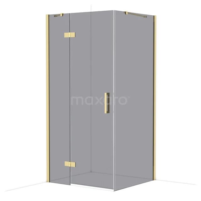 Corner shower cabin with gold-coloured edges, glass door with minimalist handle; luxury design for modern bathroom.