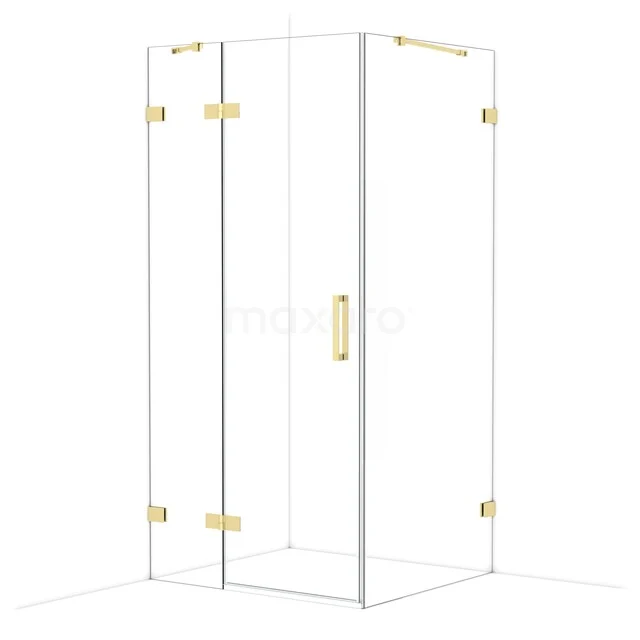 Glass shower cabin with gold fittings, corner model with clear glass panels; luxury design for a modern bathroom.