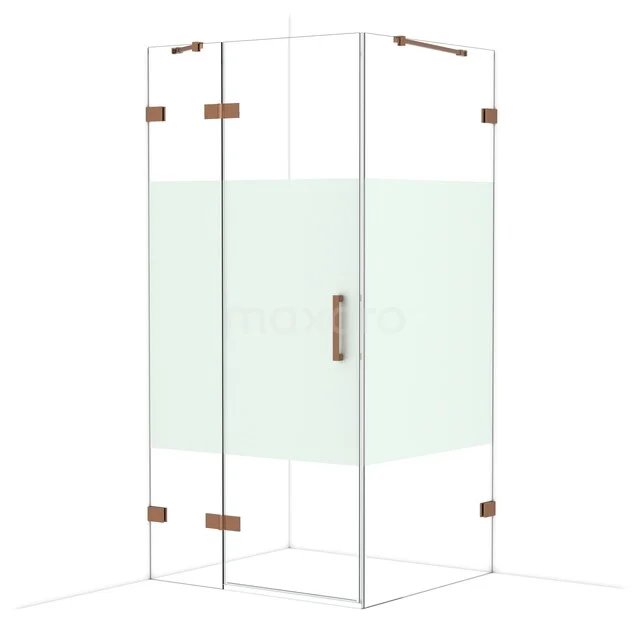 Glass shower cabin with brass details, corner design and frosted clear glass, ideal for modern bathrooms.