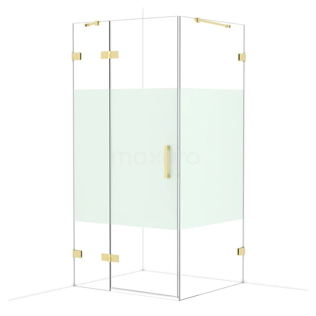 Glass shower cabin with gold-coloured hinges and handle, modern design, ideal as a luxury addition to the bathroom.