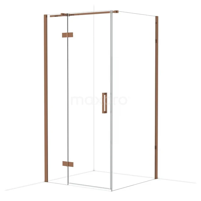 Glass shower cabin with copper-coloured details, modern design, perfect for luxury bathroom decor.