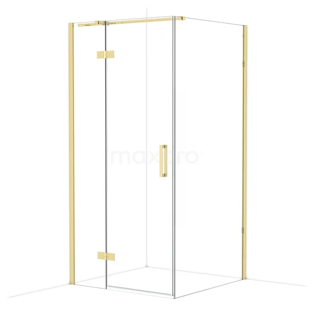 Glass shower cabin with gold-coloured aluminium profiles, sleek design for a modern bathroom.
