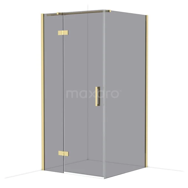 Glass shower cabin with golden accents, angular design and hinged door; ideal for a stylish bathroom decor.