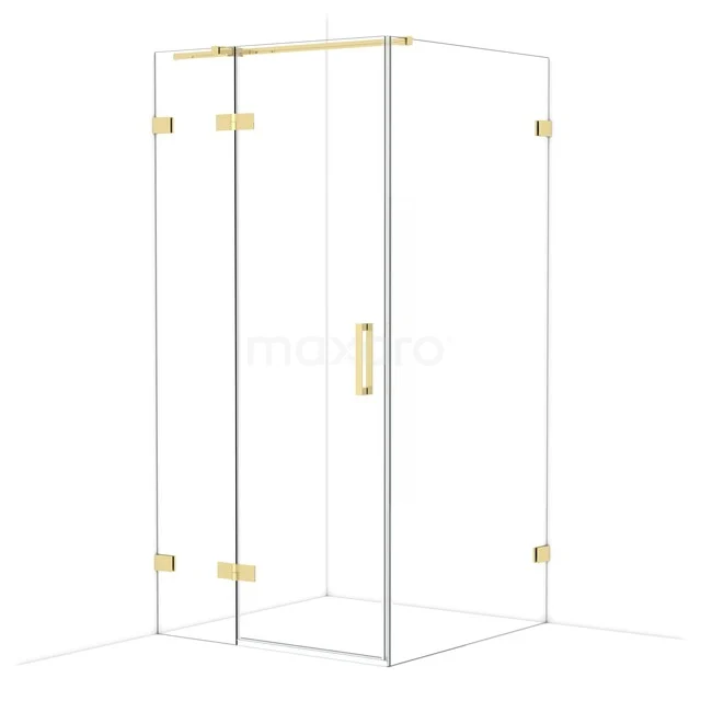 Glas Duschkabine mit goldfarbenen Details, eckigem Design und klaren Glaswänden für eine luxuriöse Badezimmerausstrahlung.