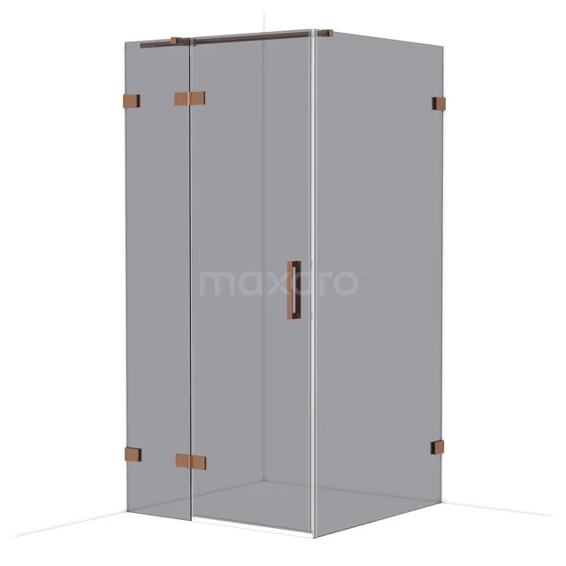 Glass shower cabin with corner entry, bronze-coloured accents and minimalist design, ideal for modern bathrooms.