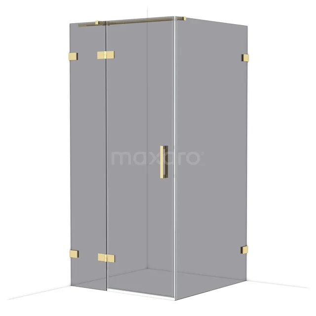 Glas Duschkabine mit Gold Details, Eckmodell, elegantes Design und perfekte Ergänzung für ein luxuriöses Badezimmer.