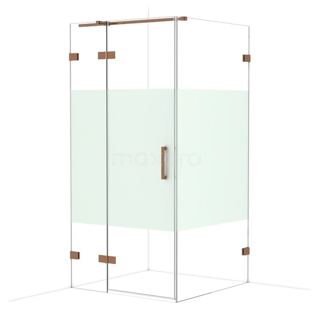 Diamond Shower enclosure | 100x100 cm Glanzend koper Clear with matt strip Pivot door Square CDB214610323GKP Glazen hoekdouche met matglas in het midden, roestvrijstalen scharnieren en handgreep, ideaal voor moderne badkamers.