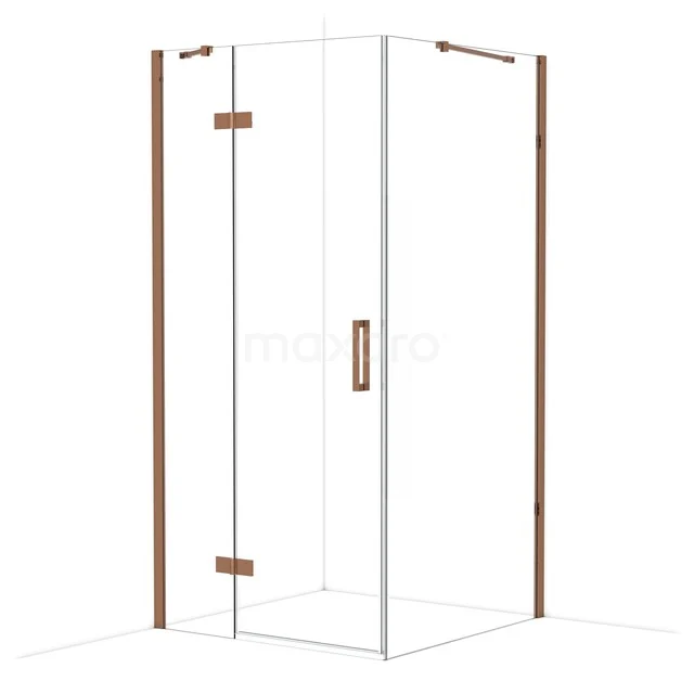 Glas Duschwand mit Eckaufstellung, kupferfarbene Details, modernes Design für ein stilvolles Badezimmerinterieur.