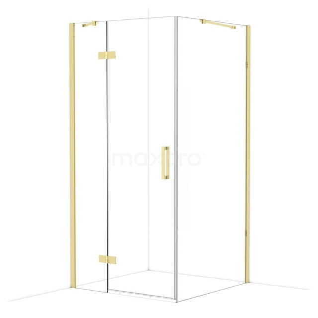 Glasstone shower cabin with gold profiles, corner shape, transparent glass and sleek design; a stylish addition to any bathroom.