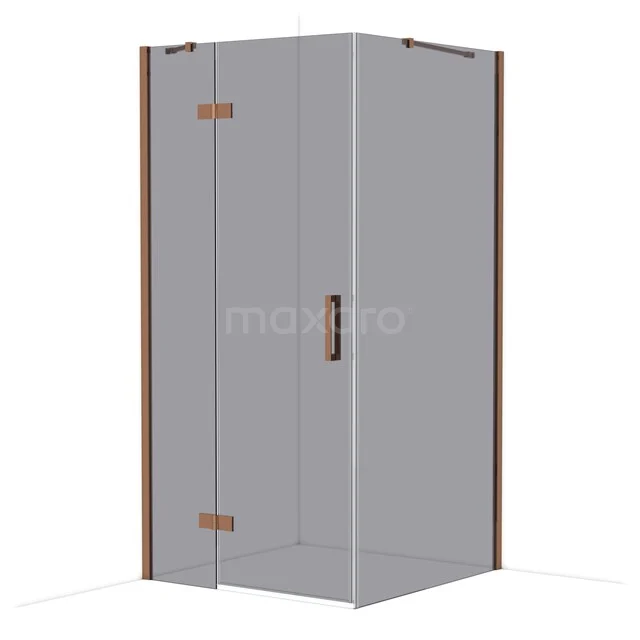 Glass corner shower cabin with matte black and copper accents, ideal for a modern bathroom decor.