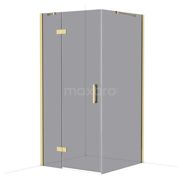 Diamond Shower enclosure | 100x100 cm Glanzend lichtgoud Smoke glass Pivot door Square CDB214610411GLG Glazen douchecabine met gouden accenten, hoekmodel, voor een luxe badkamer uitstraling.