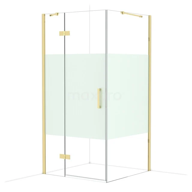 Corner shower cabin with clear glass, gold accents and frosted glass detail. Perfect for a modern bathroom design.