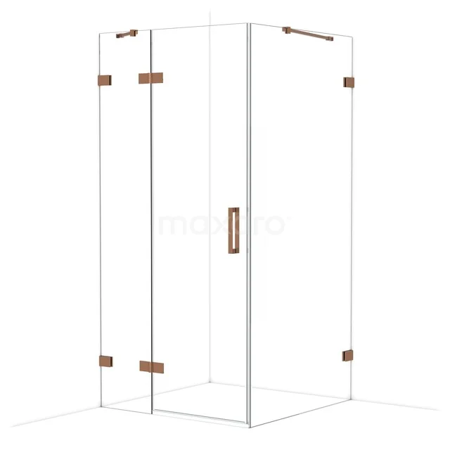 Douchecabine van helder glas met hoekinstap, goudkleurige scharnieren en handgreep voor een moderne badkamerstijl.