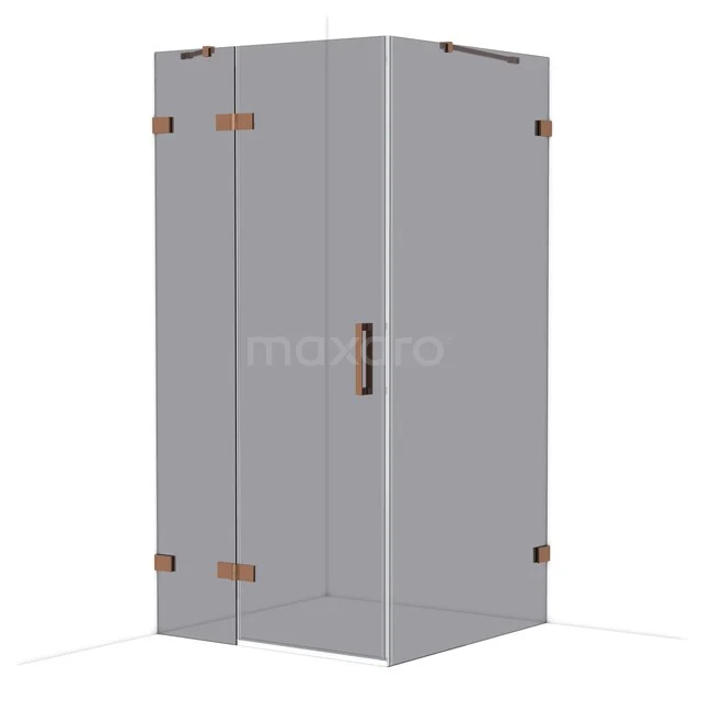 Glass corner shower with matte black frame and copper-coloured accents, luxury bathroom design with a modern character.