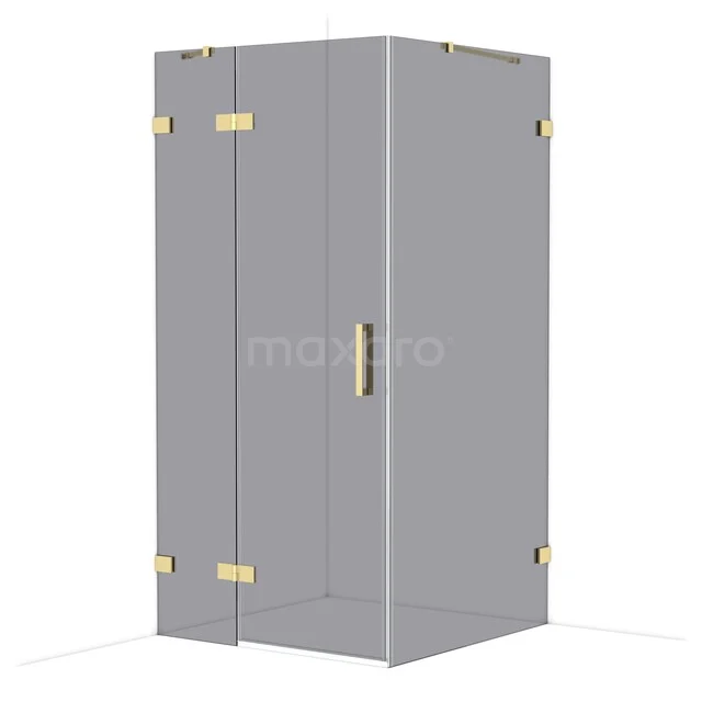 Grey glass shower cabin with gold hinges and handle, minimalist design, perfect for modern bathrooms.