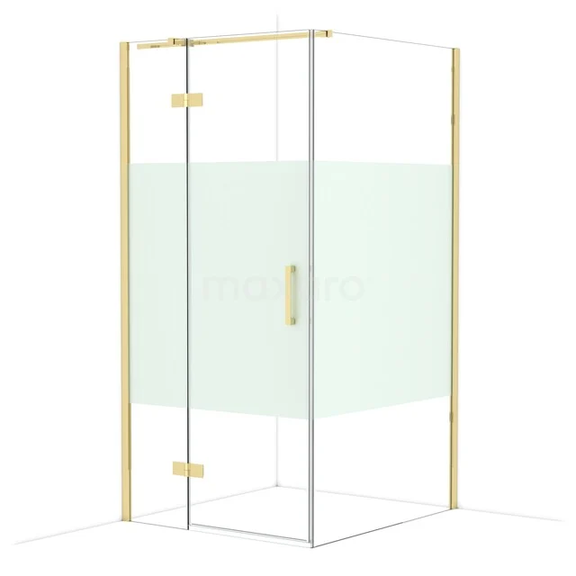 Diamond Shower enclosure | 110x100 cm Shiny light gold Clear with matt strip Pivot door Rectangle CDB214611313GLG Golden corner shower cabin with clear glass, matte white detail and luxurious appearance for a modern bathroom.