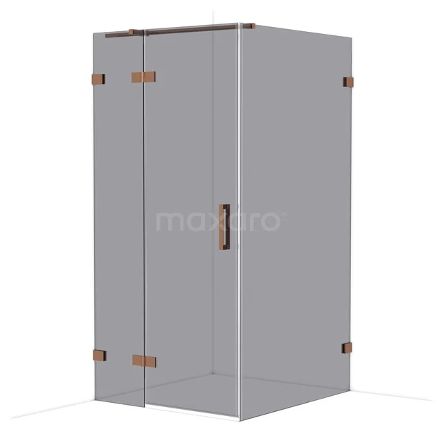 Glass shower cabin with copper hinges, rectangular design, ideal for a modern bathroom.