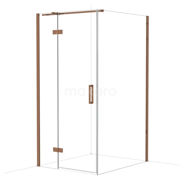 Glass shower corner with rose gold accents, modern appearance, ideal for a stylish bathroom.