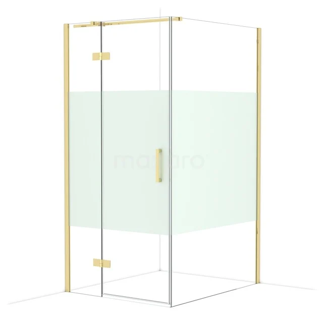 Goudkleurige douchecabine met glazen wanden en mat strookdetail, ideaal voor een luxe badkamerinrichting.