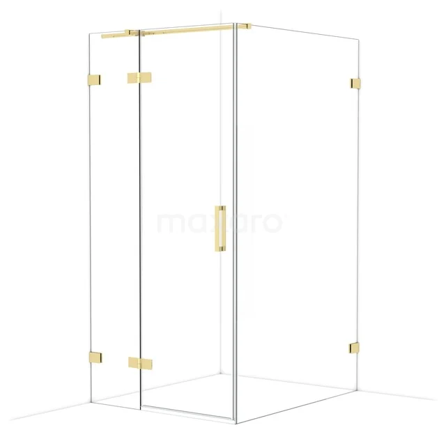 Glas Duschkabine mit Gold Details, Eckmodell, Klarglas, ideal für moderne Badezimmergestaltung.