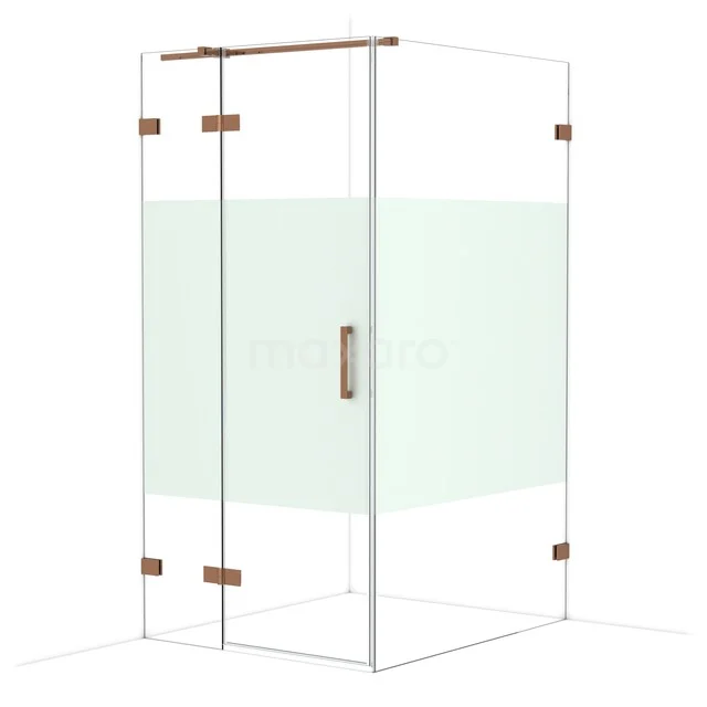 Glass shower cabin with corner entry, transparent glass and brass details, ideal for a stylish bathroom.