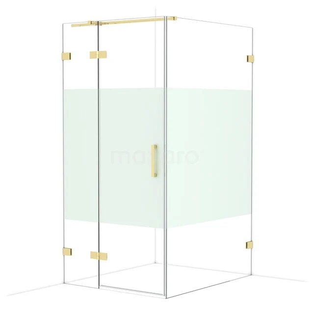 Glas Duschkabine mit goldfarbenen Akzenten, Eckmodell, ideal für eine moderne Badezimmer Einrichtung.
