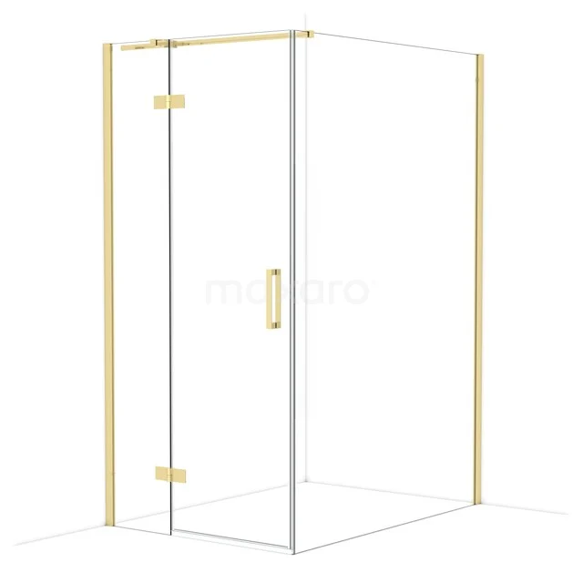 Glasene Duschkabine mit goldfarbenen Akzenten, schlankem Design und minimalistischem Rahmen, ideal für ein modernes Badezimmer.