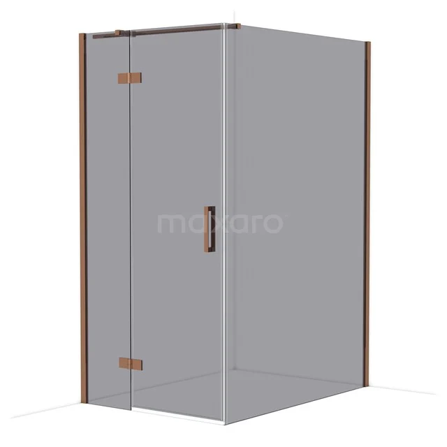 Douchecabine met hoekinstap, helder glas, bronskleurige profielen en handgreep, modern design voor de badkamer.