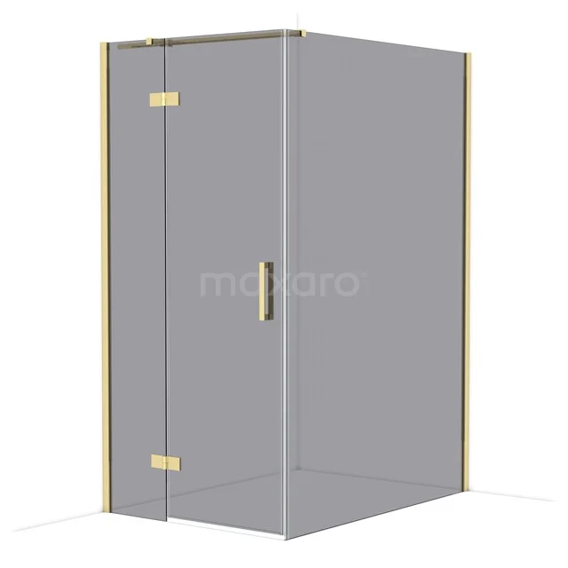 Shower cabin with a gold-coloured frame, corner model with glass doors and a comfortable handle. Perfect for a modern bathroom.