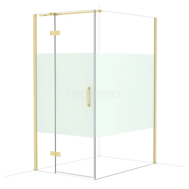 Diamond Shower cabin | 140x100 cm Shiny light gold Clear with matt strip Pivot door Rectangle CDB214614313GLG Glass shower wall with golden accents, corner shape, partial frosted glass sliding door, stylish bathroom design.
