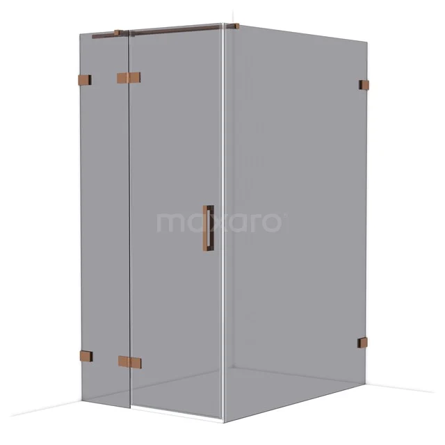 Grijze glazen douchecabine met roestvrijstalen details en koperkleurige accenten, modern design voor de badkamer.